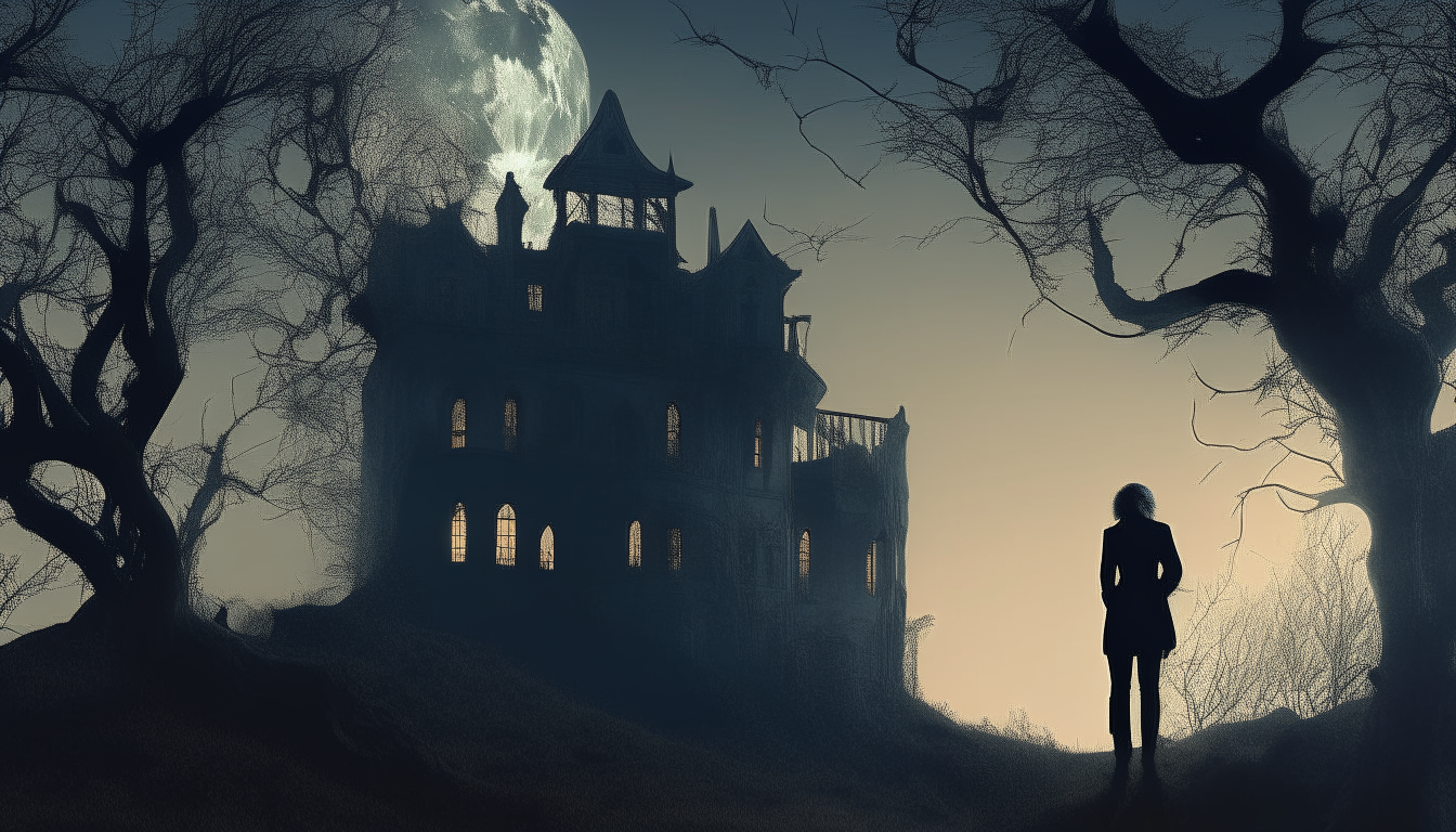 A person standing at the edge of a dark forest, looking ahead at an old decrepit mansion silhouetted against a full moon. The mansion is falling apart with broken windows and vines growing on the walls. It sits atop a hill surrounded by dead trees with their branches reaching up like claws against the night sky.