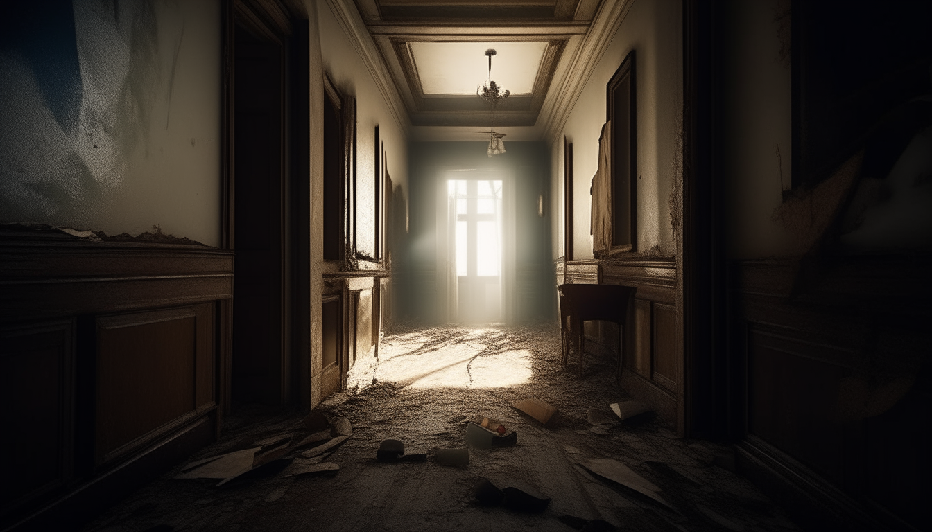 A dimly-lit hallway in a decaying mansion, seen from the point of view of someone holding up an oil lantern. Thin beams of flickering light illuminate peeling wallpaper and floors strewn with debris, as deeper shadows lurk around each corner. A feeling of mystery and suspense hangs in the air.
