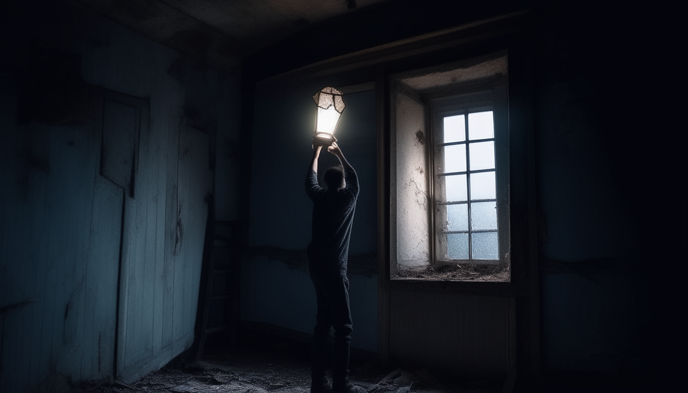 An image of someone holding up a lantern, exploring an abandoned house at night. Faint moonlight filters through a cracked window, illuminating the dusty floorboards and revealing partial walls covered in peeling wallpaper.