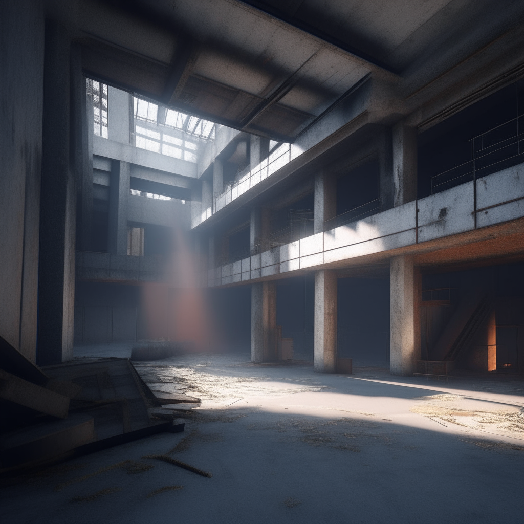 a high-quality 3D render of the inside of an abandoned brutalist concrete warehouse, perfect for hosting a rave party