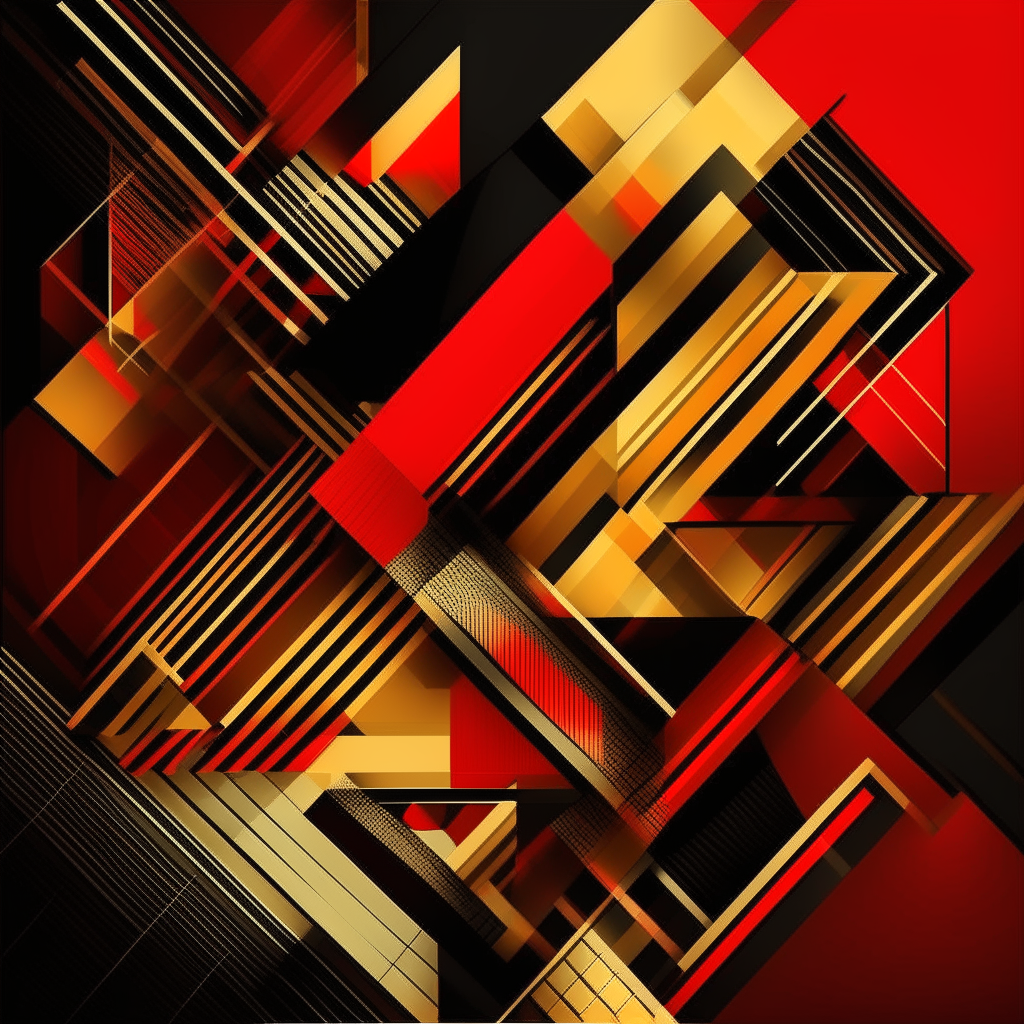 Abstract digital artwork featuring geometric shapes and patterns in the colors of the German flag: black, red and gold. Stylized, graphic design, album art