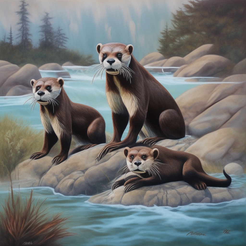 a painting of a mountain lion and two otters