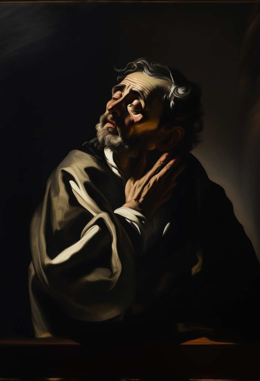 portrait of a saintly man in prayer, elongated figure, dramatic lighting, inspired by the works of El Greco
