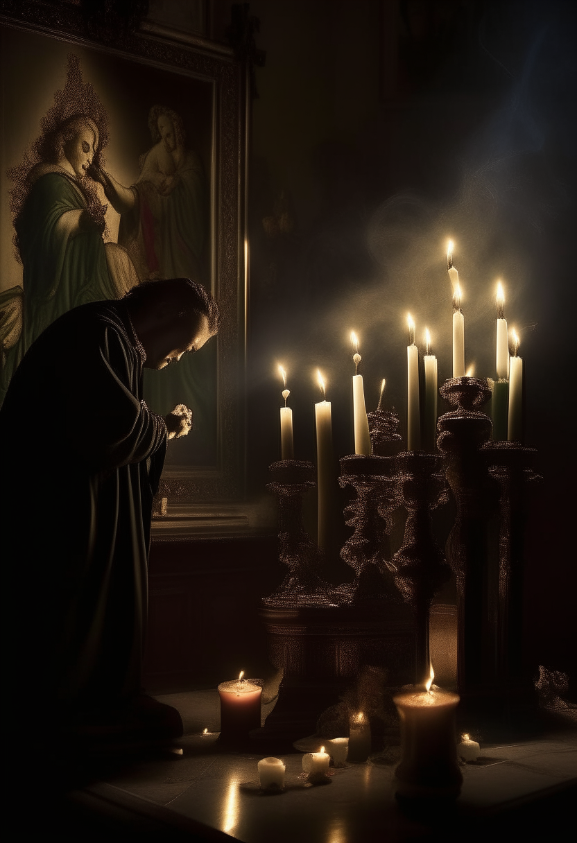 celebration of a saint, candles and incense, figures in prayer, dramatic chiaroscuro lighting, inspired by El Greco's use of elongated forms