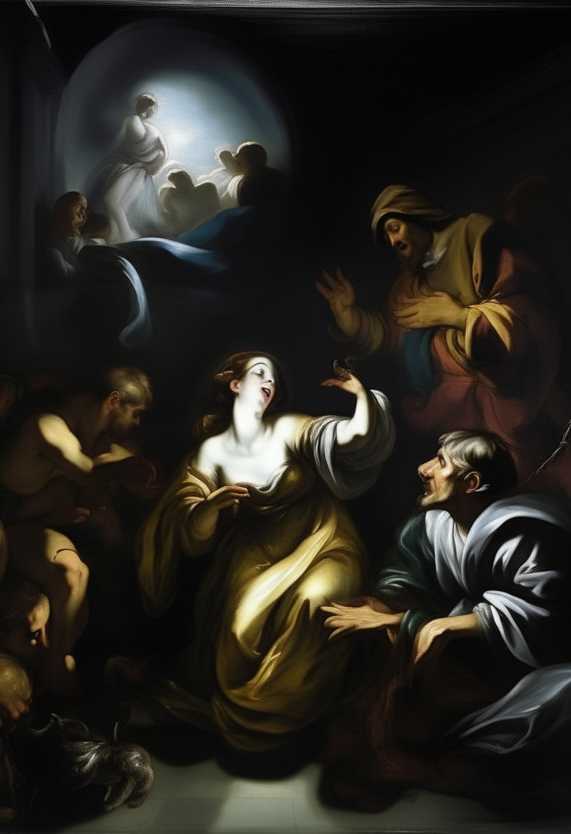 allegory of charity, saint feeding the poor, dramatic lighting, elongated figures, inspired by El Greco