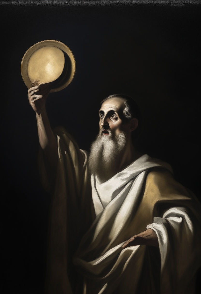 saint holding a chalice and wafer, dramatic lighting, elongated figure, inspired by El Greco