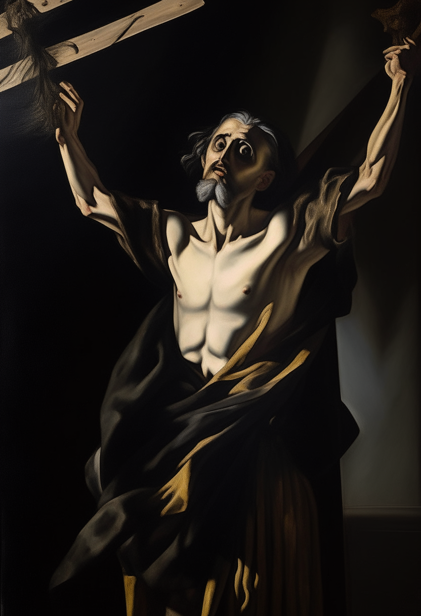 saint displaying a crucifix, dramatic lighting, elongated figure, inspired by El Greco