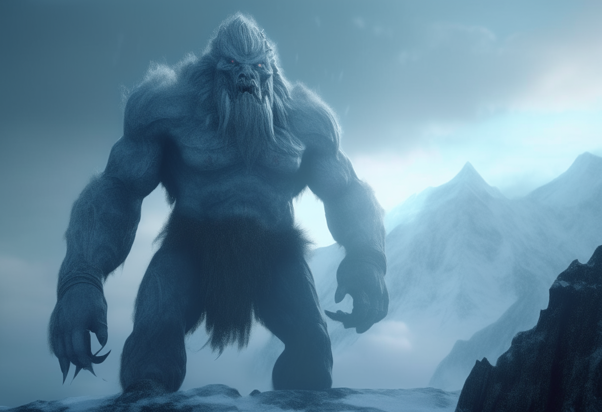 Ymir the giant leader standing tall with an angry expression, destructive icy landscape, cinematic lighting, 8k resolution hyperrealistic