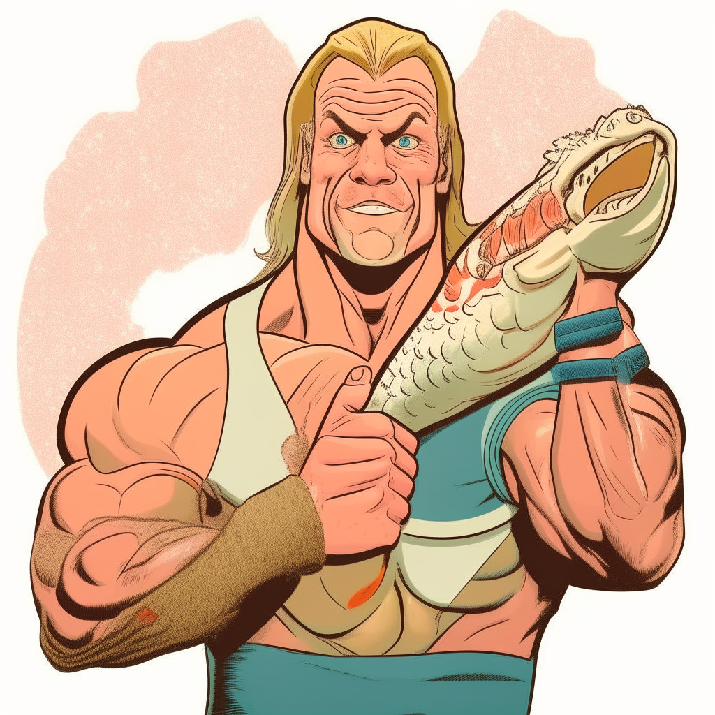 a cartoon character that is half wrestler Lex Luger and half salmon - he has Lex Luger's muscular human torso and arms but salmon scales, fins and a salmon head