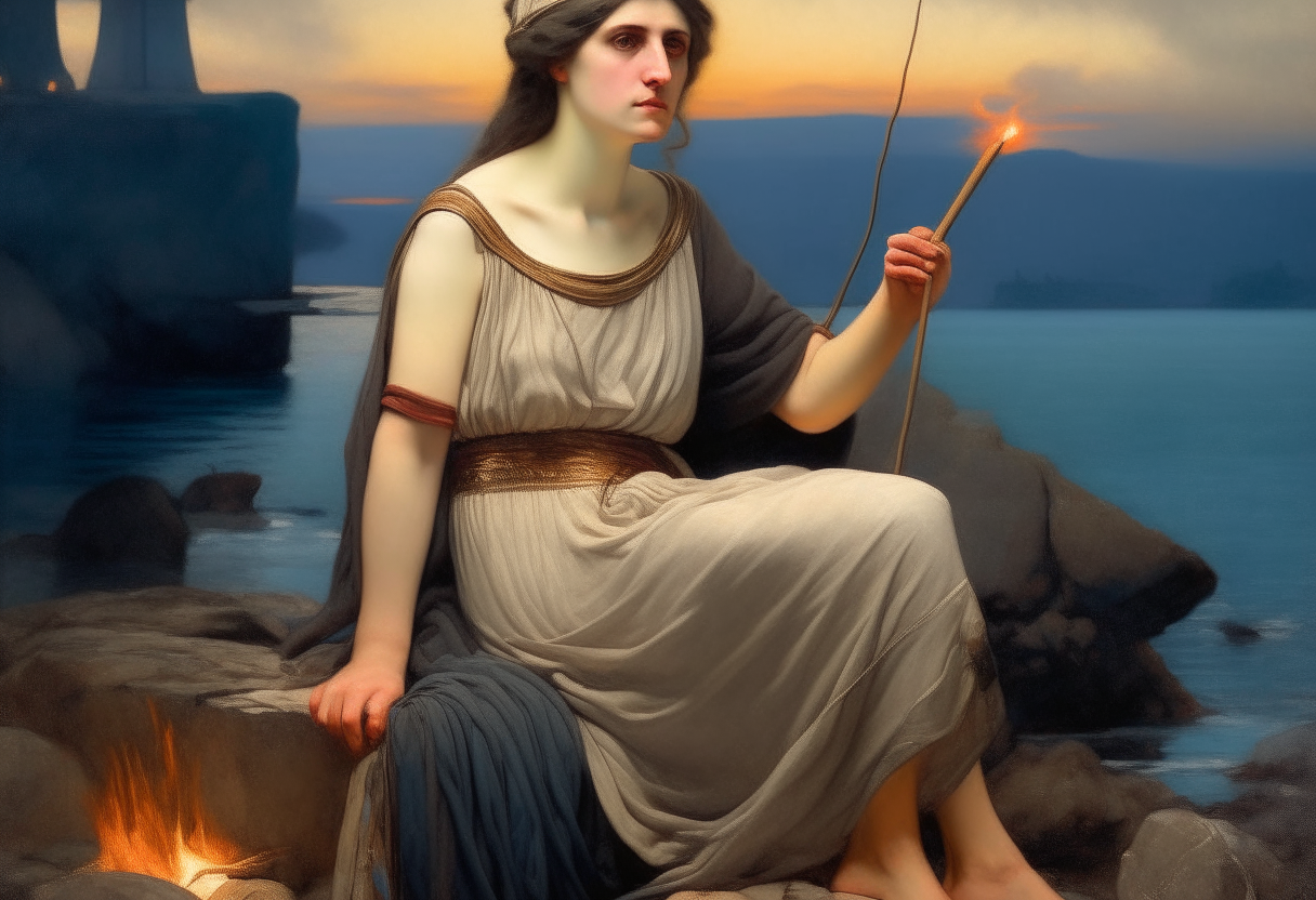 a detailed illustration of the Greek mythological figure Lachesis from Clotho and Lachesis by John William Waterhouse (1916), holding a fishing pole and smoking a pipe beside a campfire on a rocky coast at dusk, photorealistic painting style