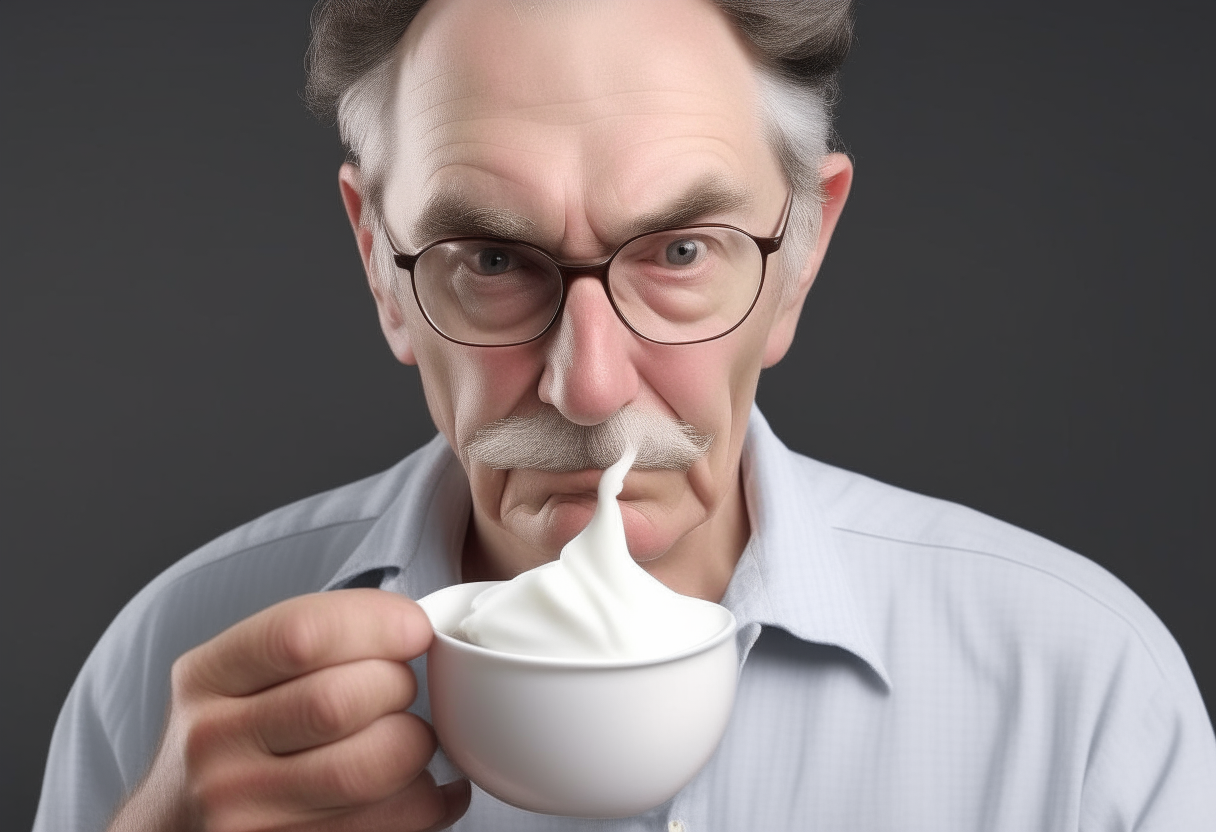 A man that his barb has a spot of  yogurt in it  