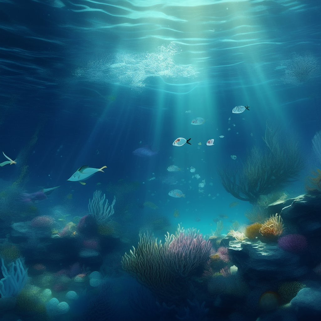 A watery world with vast, crystalline oceans and shimmering bioluminescent flora, fish swimming  under water
