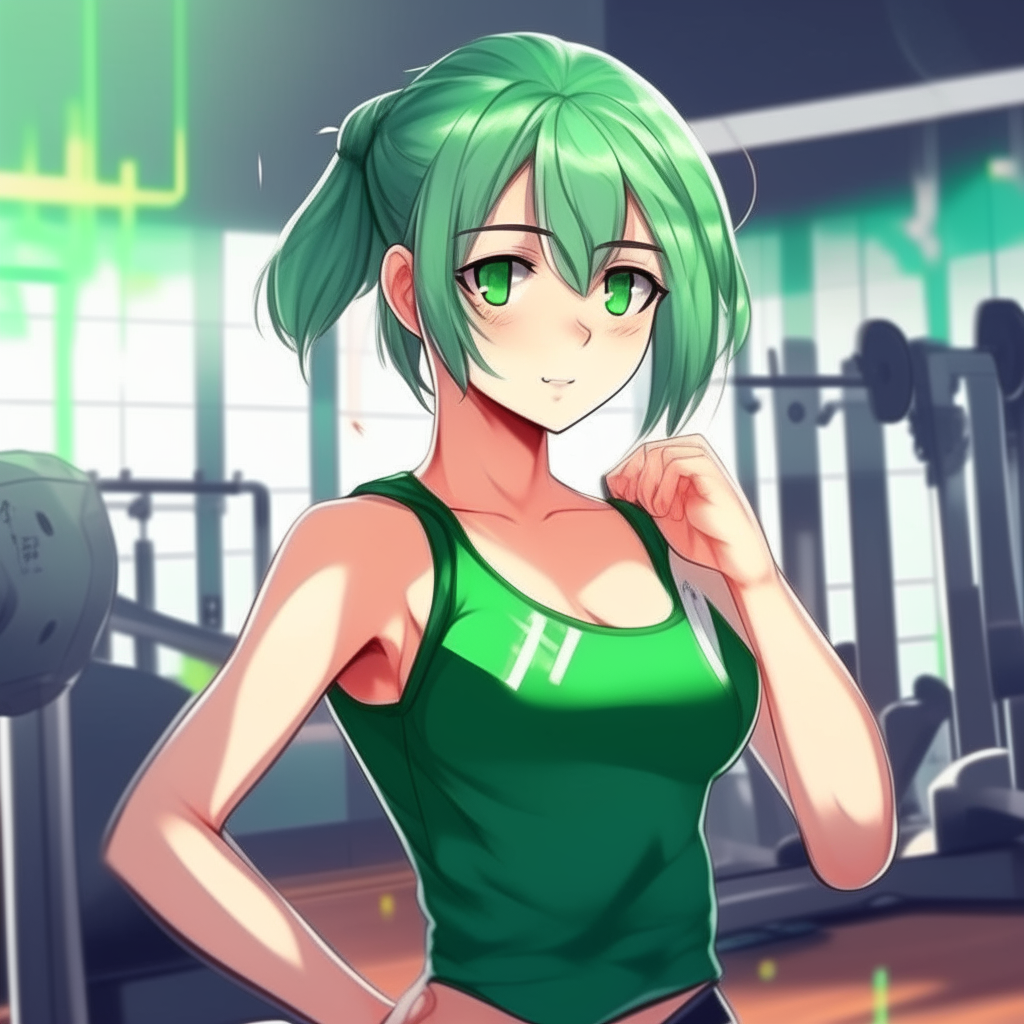 design me beautiful  anime  girl in the gym, has green eyes, green short hair, smile