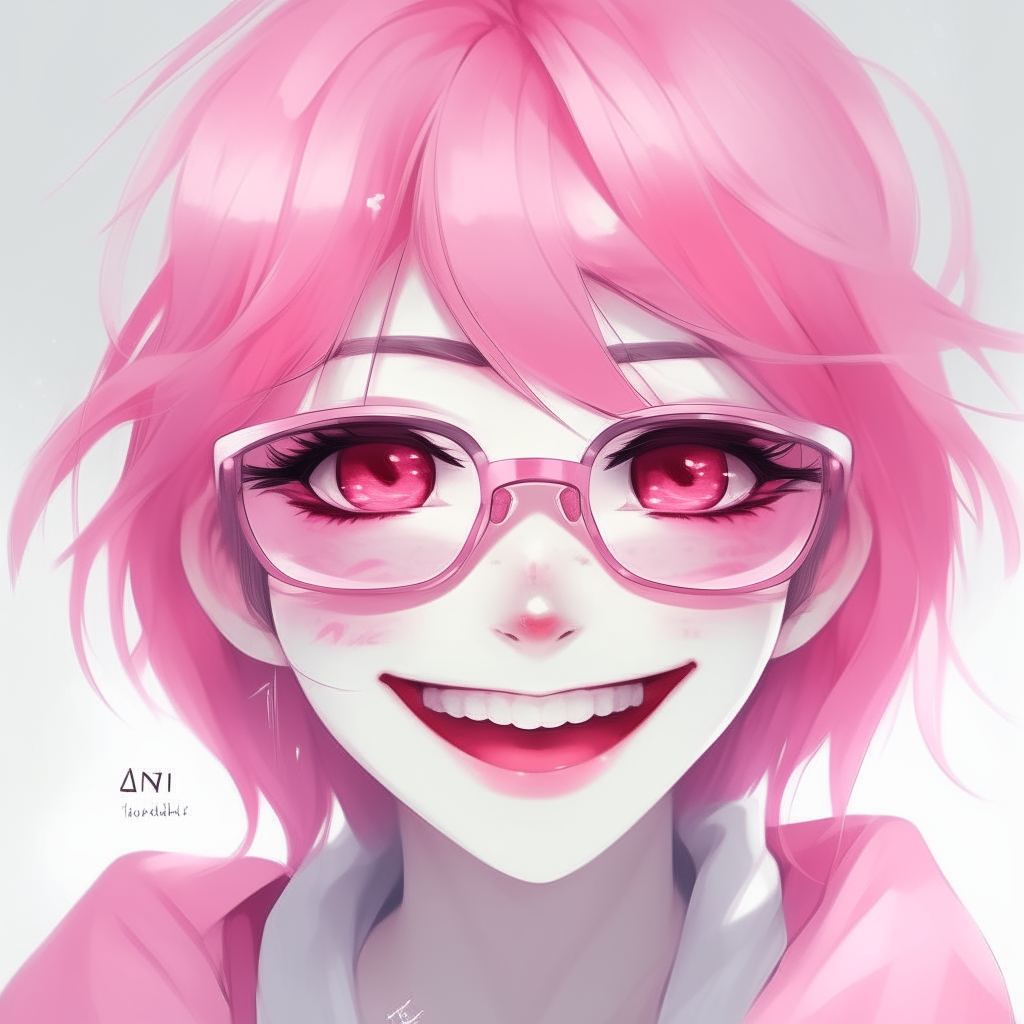 design me anime joker girl with pink colour and white glasss and smile