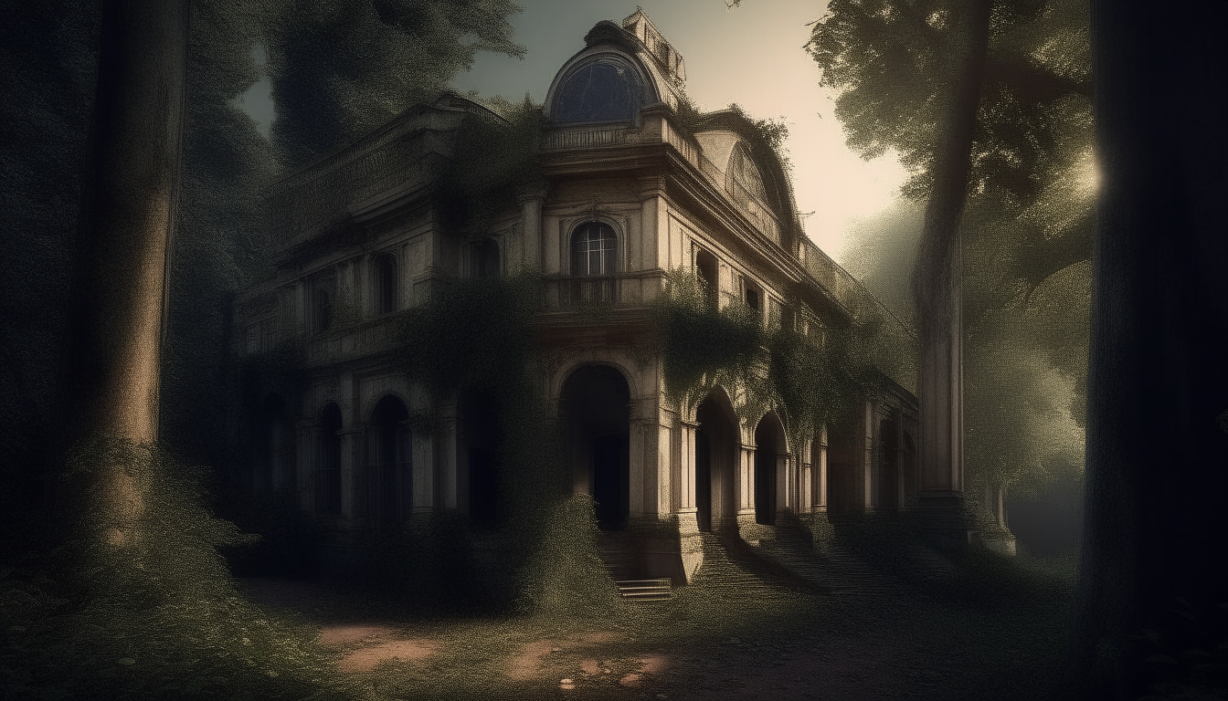 "Generate an image capturing the eerie atmosphere of the abandoned palace in the heart of a dark forest, with shadows whispering secrets among ancient trees."
