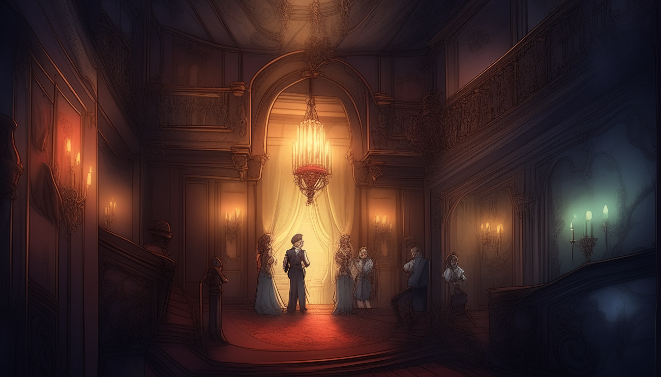"Create an illustration of a group of adventurers exploring the haunted palace, encountering ghostly apparitions and mysterious whispers in the dimly lit halls."