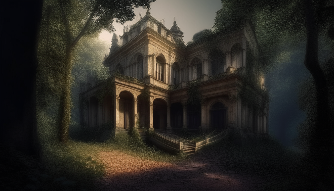 "Generate an image capturing the eerie atmosphere of the abandoned palace in the heart of a dark forest, with shadows whispering secrets among ancient trees."