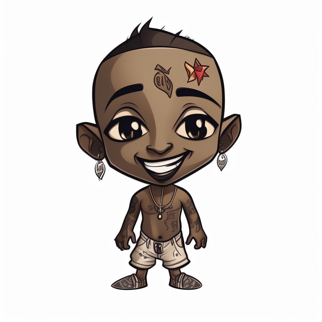A youthful 2Pac, full body, simple chibi art style, 2D cartoon art, shirtless with tattoos, smiling