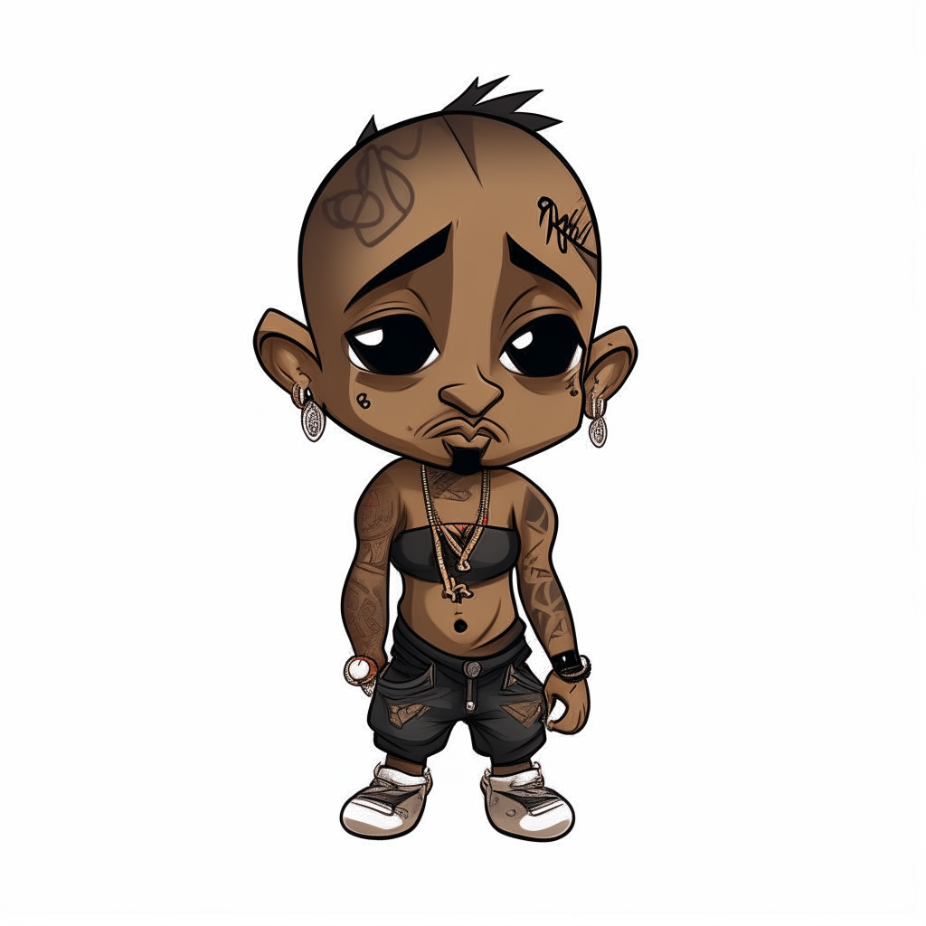 A youthful 2Pac, full body, simple chibi art style, 2D cartoon art, shirtless with tattoos, arms crossed