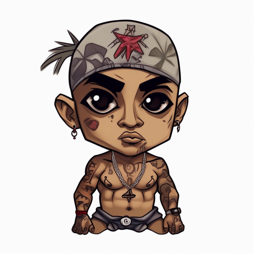 A youthful 2Pac in a simple chibi art style, shirtless with tattoos, looking tough without earrings