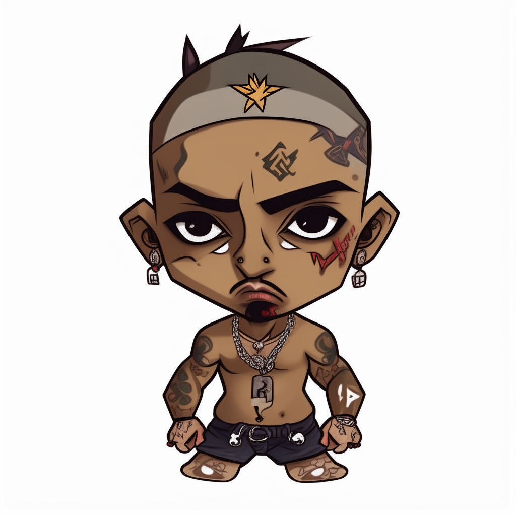 A youthful 2Pac in a simple chibi art style, shirtless with tattoos, frowning and looking tough without earrings