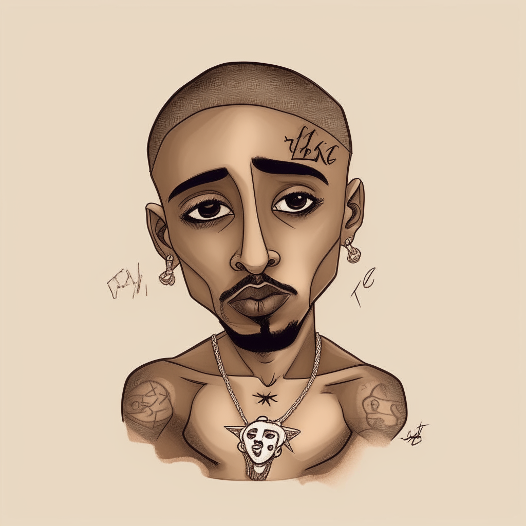 Portrait of a young Tupac Shakur in the 1990s, shirtless with tattoos, in a simple chibi art style but capturing his likeness better