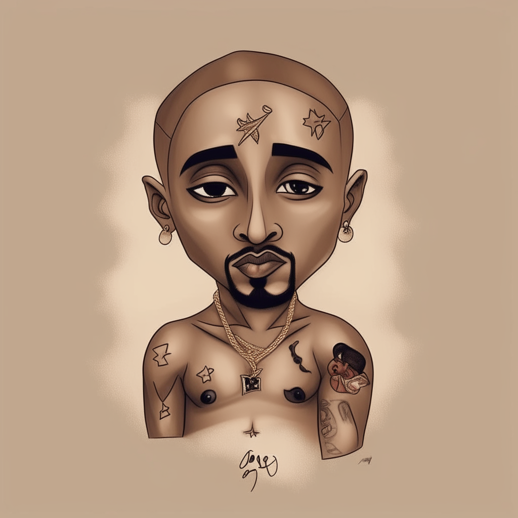 Portrait of a young Tupac Shakur in the 1990s, shirtless with tattoos, in a simple chibi art style but capturing his likeness better and with a fuller body style