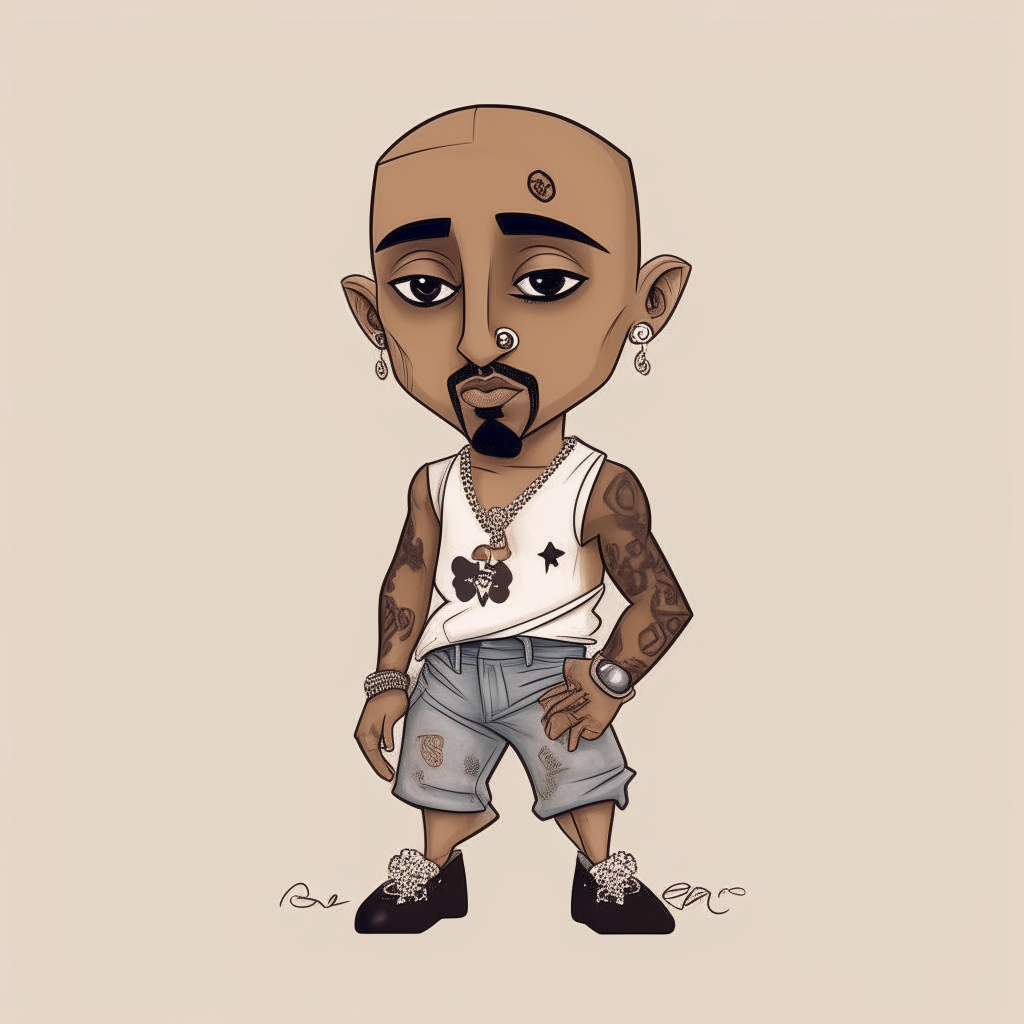 Portrait of a young Tupac Shakur in the 1990s, shirtless with tattoos, in a simple chibi art style, now including legs and arms