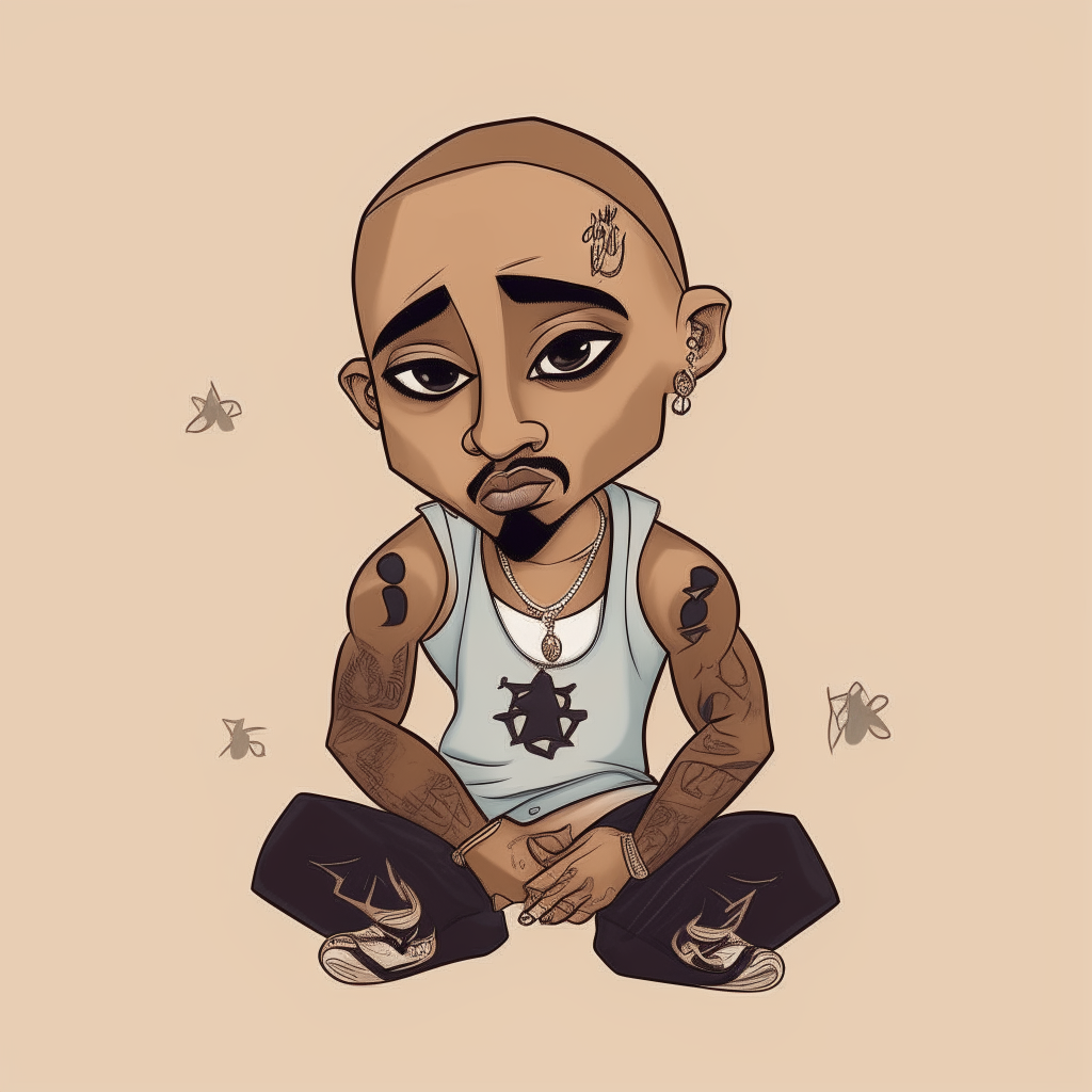 Portrait of a young Tupac Shakur in the 1990s, shirtless with tattoos, in a simple chibi art style, now including legs crossed and arms behind his head