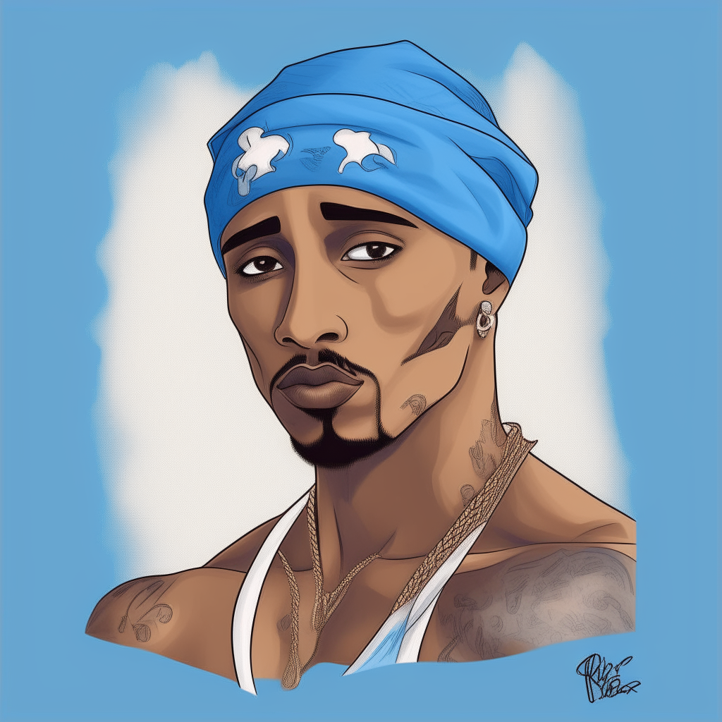 Portrait of a young Tupac Shakur in the 1990s, shirtless with tattoos, standing confidently wearing a blue bandana in a simple chibi art style