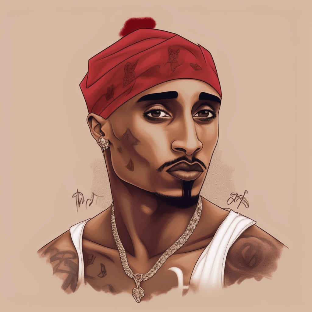 Portrait of a young Tupac Shakur in the 1990s, shirtless with tattoos, standing confidently wearing a red bandana and giving a serious look in a simple chibi art style