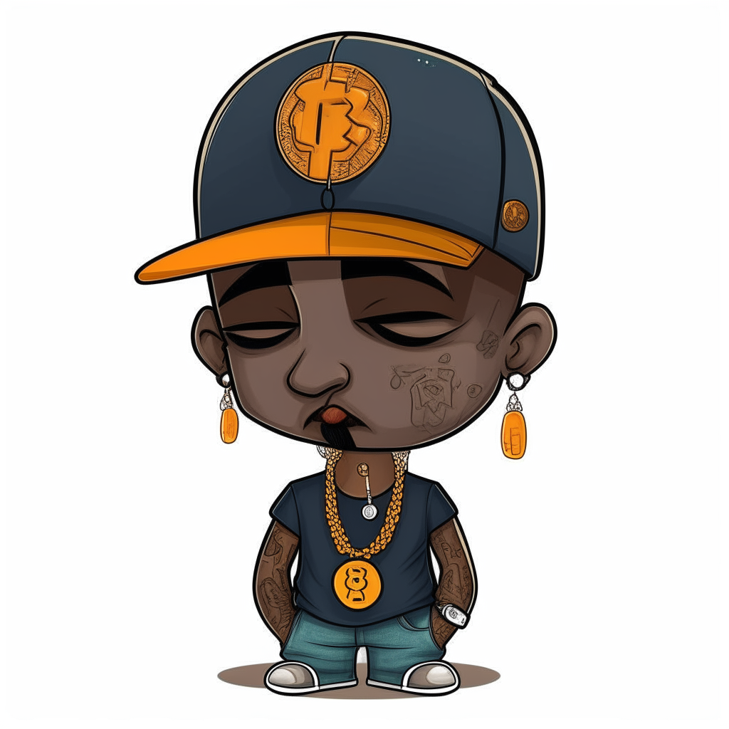 a cartoon character wearing a bitcoin hat, styled like a young Tupac with tattoos