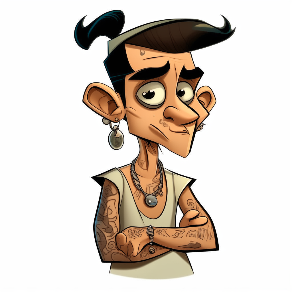 the cartoon character from image 2 without earrings or hat, showing tattoos