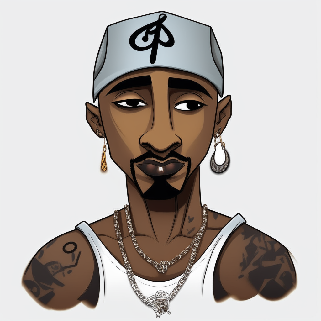 the cartoon character from image 4 styled like Tupac, with tattoos and no hat or necklace