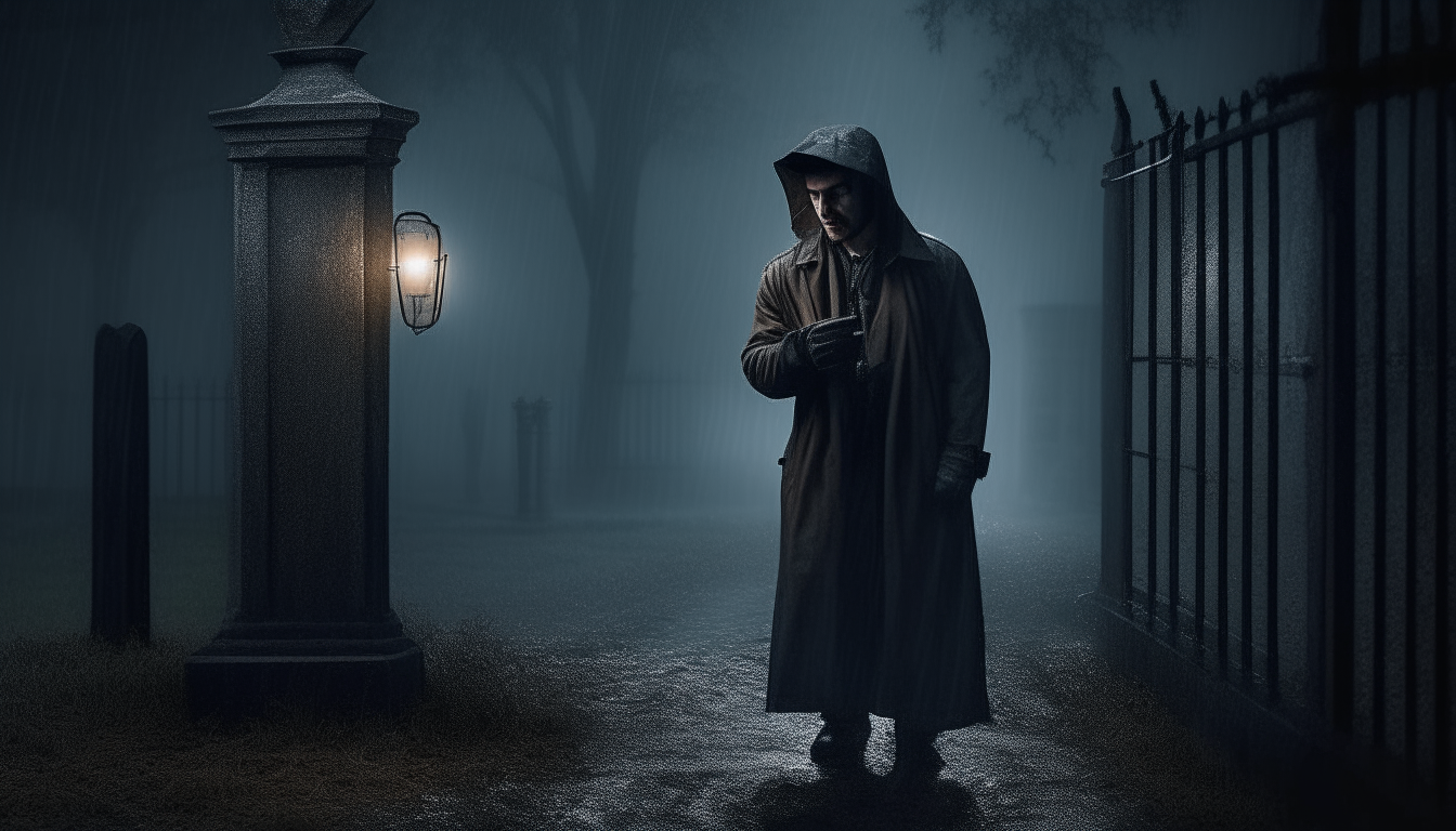 "Generate an image capturing the eerie atmosphere as Mustafa enters the abandoned cemetery on a dark and rainy night, holding a small lantern."