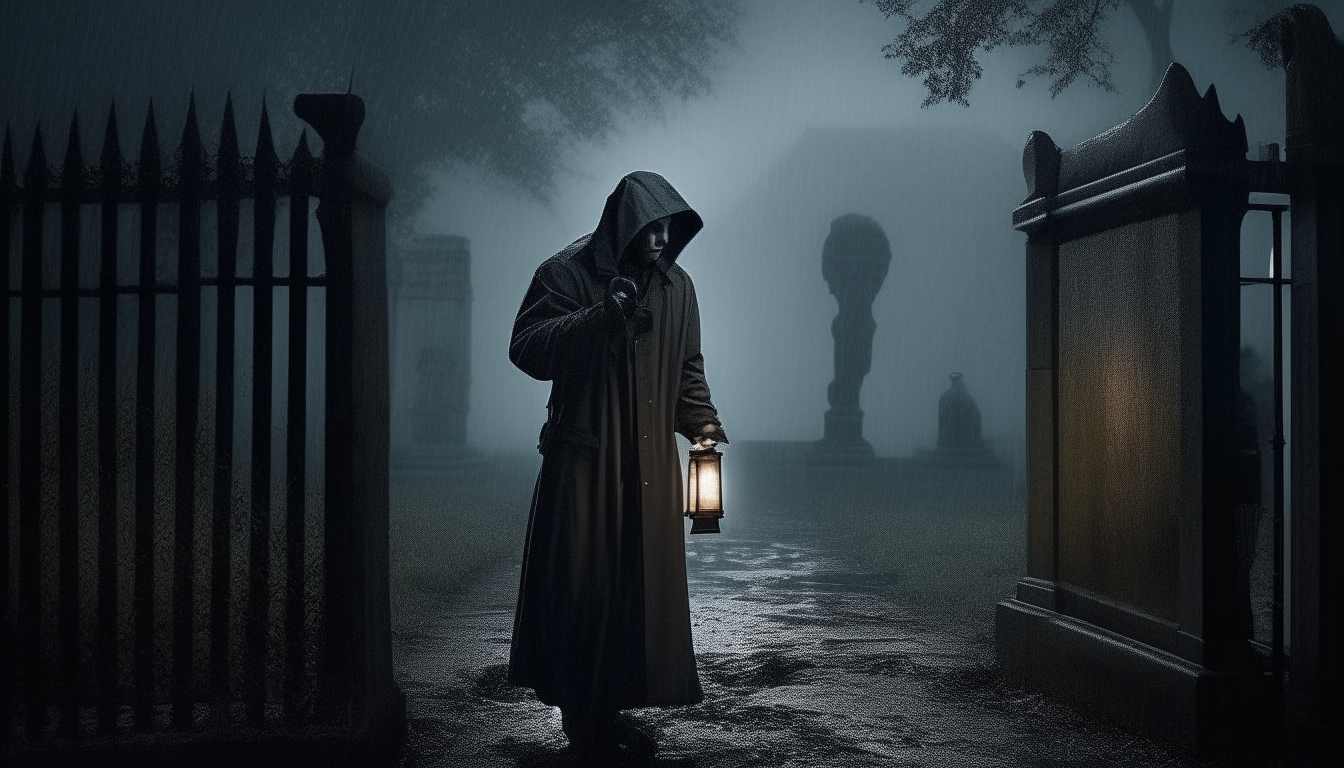 "Generate an image capturing the eerie atmosphere as Mustafa enters the abandoned cemetery on a dark and rainy night, holding a small lantern."