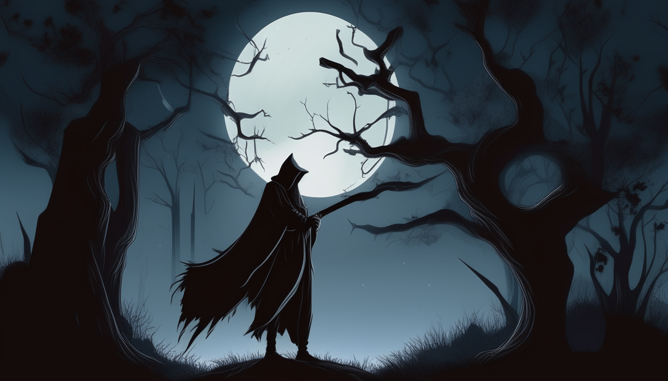 "An illustration depicting Mustafa cautiously approaching a dark, hooded figure standing alone among dead trees silhouetted against a full moon. Mustafa has drawn his sword, eyes wary, as an ominous shadow stretches out behind the motionless stranger."