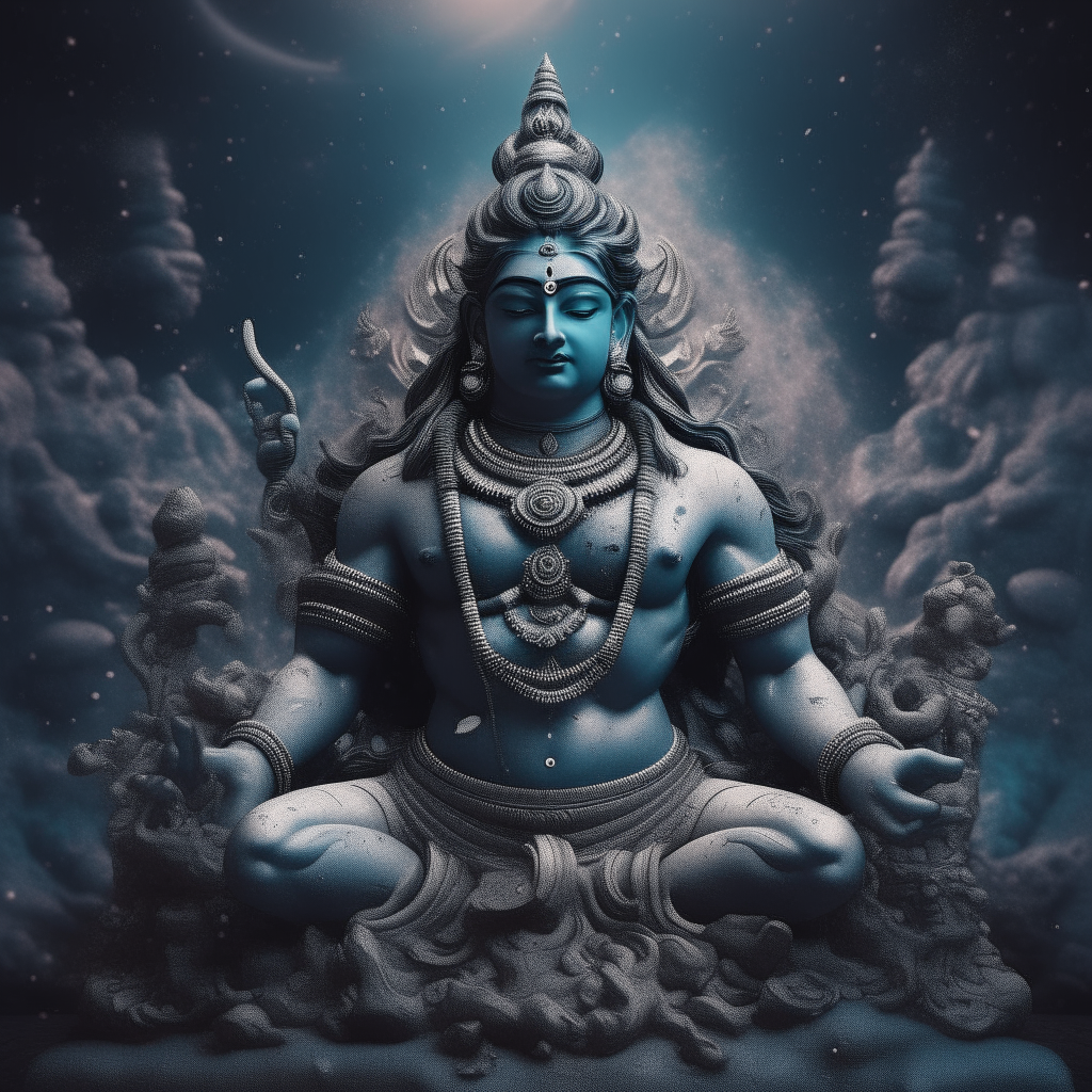 a towering statue of Lord Shiva, the cosmic dancer, enveloped in a swirling nebula of stars and galaxies, intricate carvings and ornate details are sharply rendered at 8K resolution