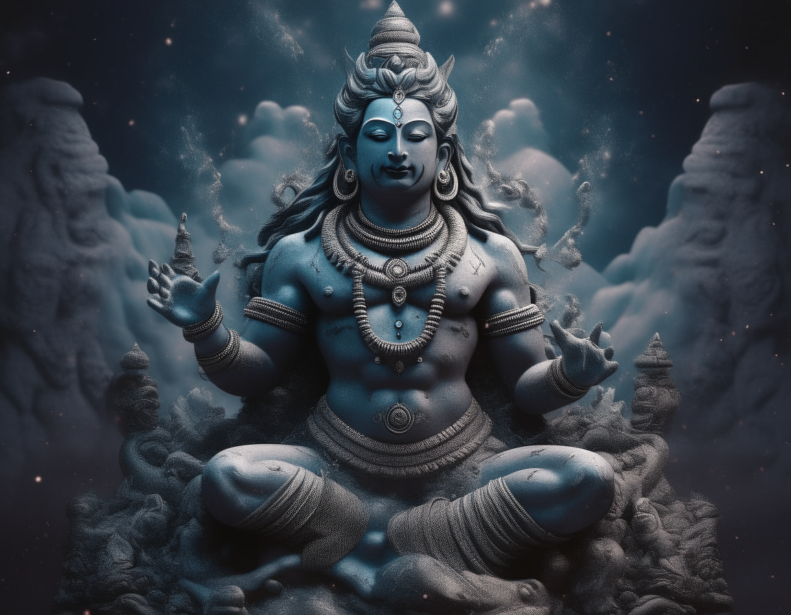 a towering statue of Lord Shiva, the cosmic dancer, enveloped in a swirling nebula of stars and galaxies, intricate carvings and ornate details are sharply rendered at 8K resolution