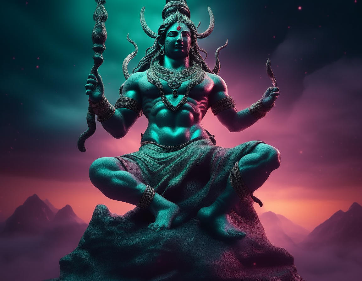 another towering statue of Lord Shiva, the cosmic dancer, surrounded by a vivid aurora of celestial light, every minute detail is hyper-defined at 8K resolution