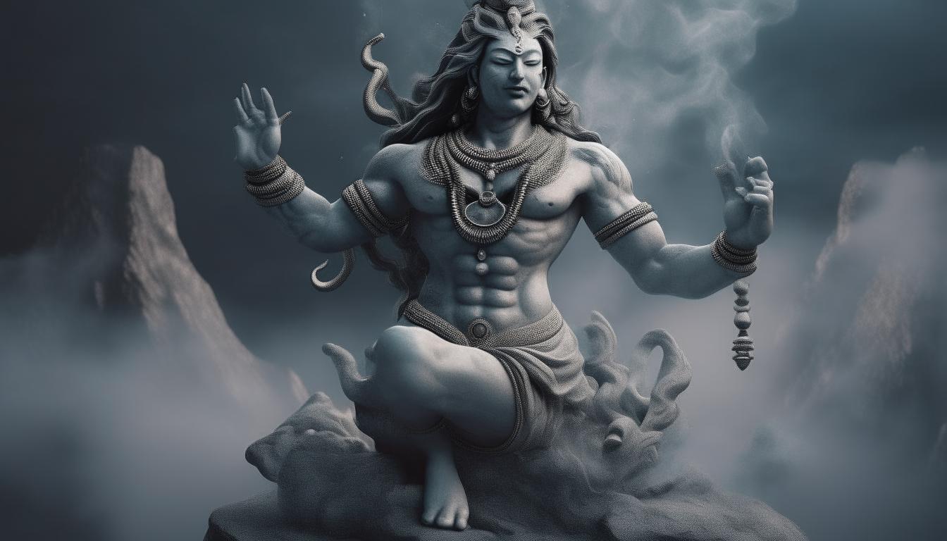 A towering statue of Lord Shiva, the cosmic dancer, stands amidst a swirling nebula. Intricate carvings and perfect hands are sharply rendered in hyper-realistic detail at 8K resolution