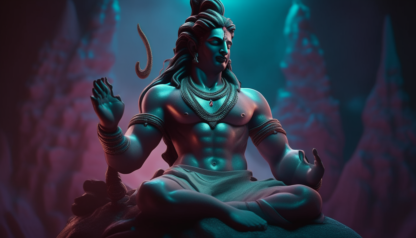 Another towering statue of Lord Shiva surrounded by a vivid aurora of light. Every minute detail, including perfectly sculpted hands, is defined to perfection at hyper-realistic 8K resolution