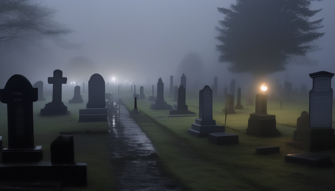 Rain falls softly on dark gray headstones as night falls. Mist rises from the wet grass between rows of graves, lit by a lone streetlight at the edge of the quiet cemetery.