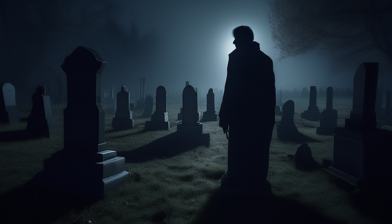 A dark and eerie cemetery at night. Mustafa is standing alone among the tombstones with a look of sheer terror on his pale face as strange noises and unnatural shadows emerge from the darkness all around him.