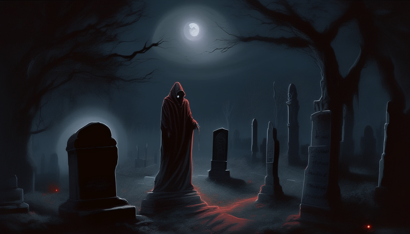 A dark graveyard at night, illuminated only by the moon. A hooded figure in a long black cloak emerges from behind a crumbling tombstone in the foreground, glowing red eyes peering out from within the deep cowl. In the background, a terrified man named Mustafa is running away, looking back over his shoulder in fear at the mysterious pursuer whose footsteps seem to grow closer and closer...