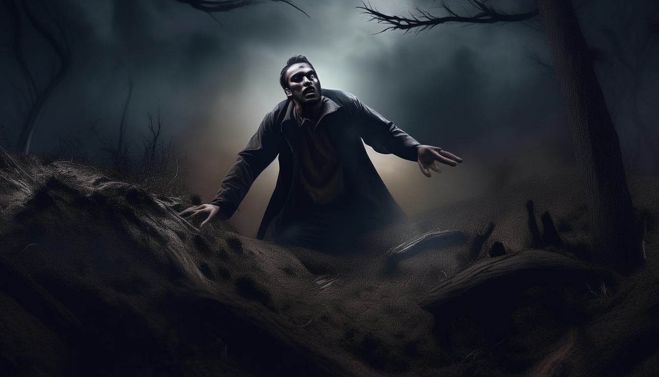 A dramatic image showing a man named Mustafa struggling against a supernatural force that is trying to pull him into an open grave. Dark clouds fill the sky above a spooky forest in the background.