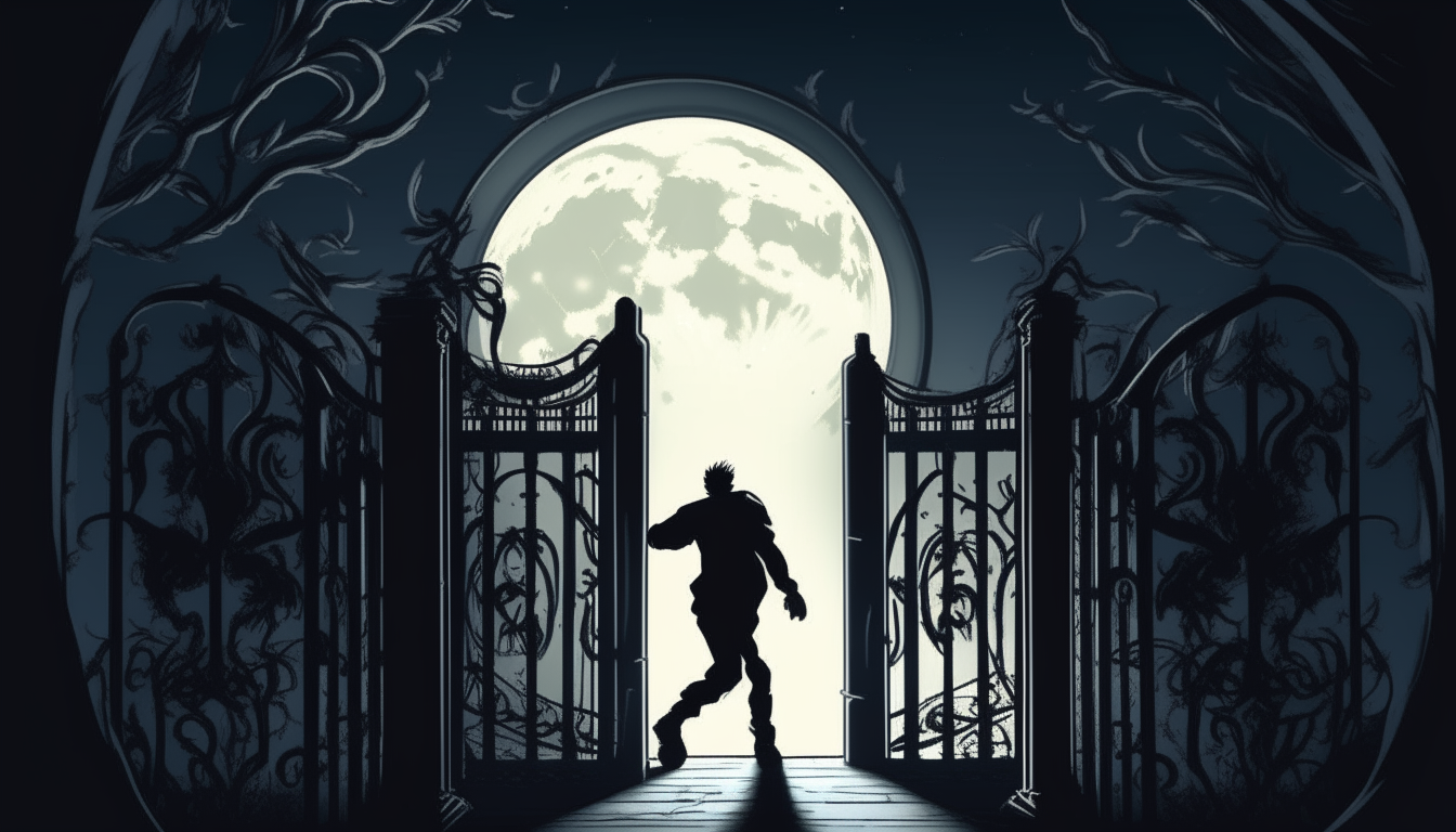 An illustration showing a man running away from an ornate wrought iron gate at night. He is looking back over his shoulder with an expression of fear and relief. Behind the gate are tombstones under a moonlit sky.