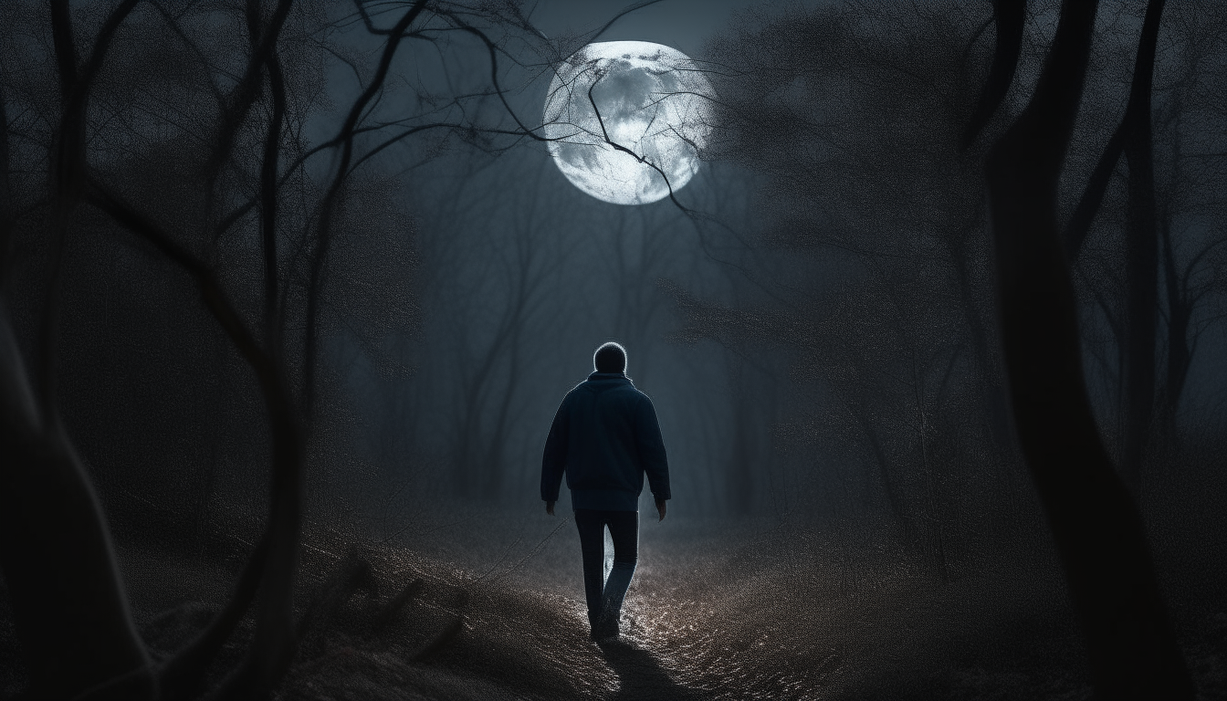 A dark forest at night, with a full moon visible through the bare tree branches. Mustafa is walking away from the viewer down a dirt path, looking back over his shoulder with an expression of fear and uncertainty.