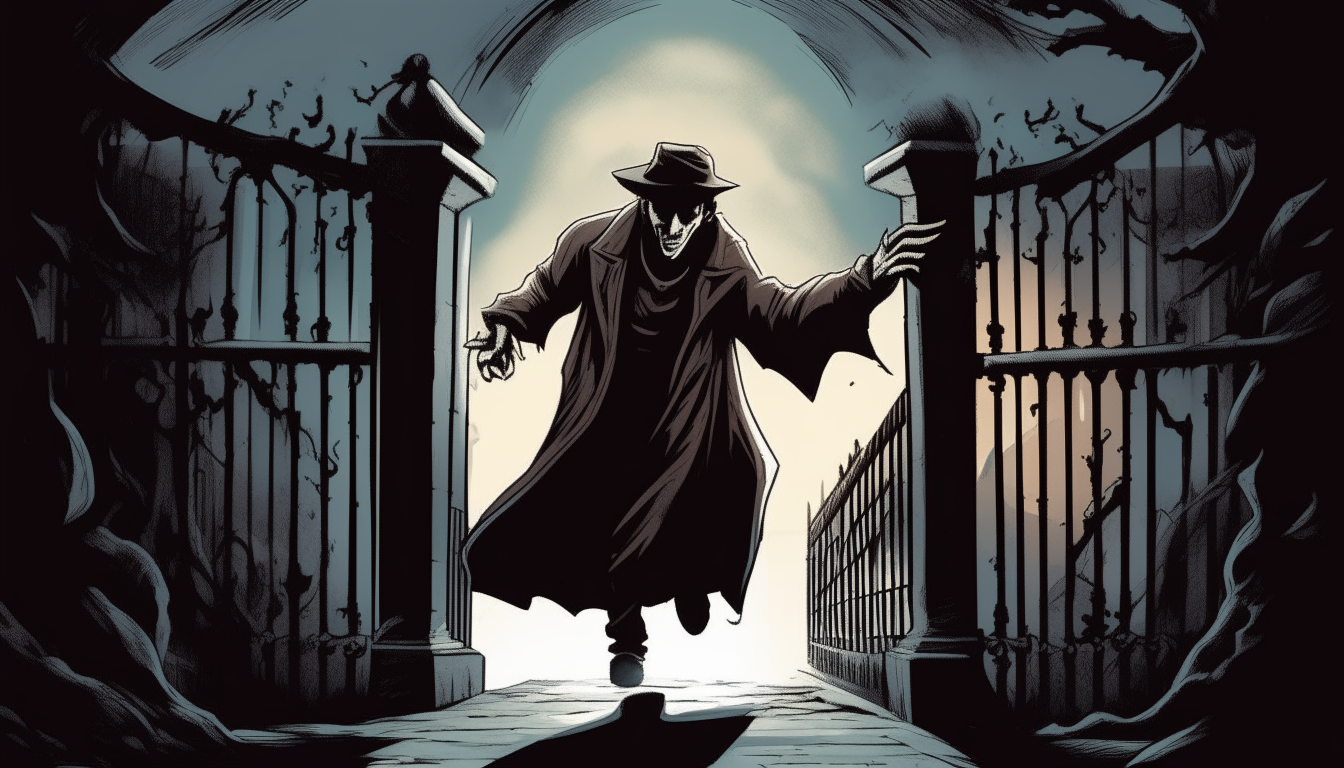 An illustration showing a man named Mustafa running out of an old cemetery gate at night, looking back over his shoulder with an expression of fear and gratitude. The cemetery is surrounded by a tall iron fence with an arched entrance. Mustafa is dressed in a long coat with the collar turned up against the cold, and he holds his hat on his head with one hand as he runs.