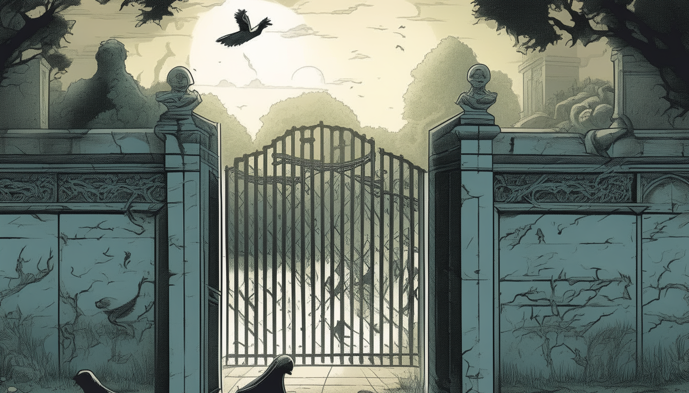 "Create an illustration showing Mustafa's relief and escape as he runs out of the cemetery, looking back at the closed gate with a mix of fear and gratitude."